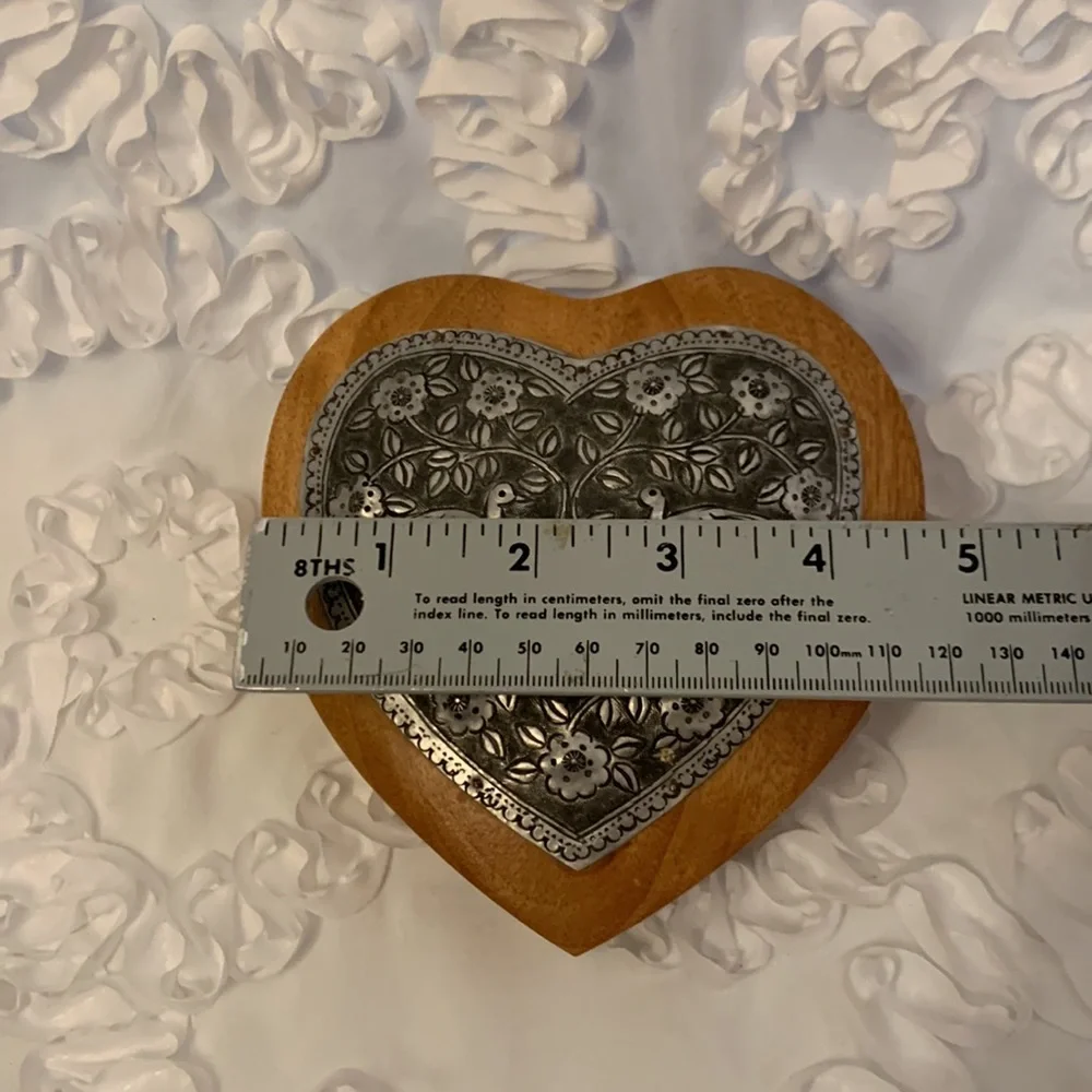 Wooden Vtg Heart Trinket Box Metal Etching Floral with Birds No Hinges Thailand